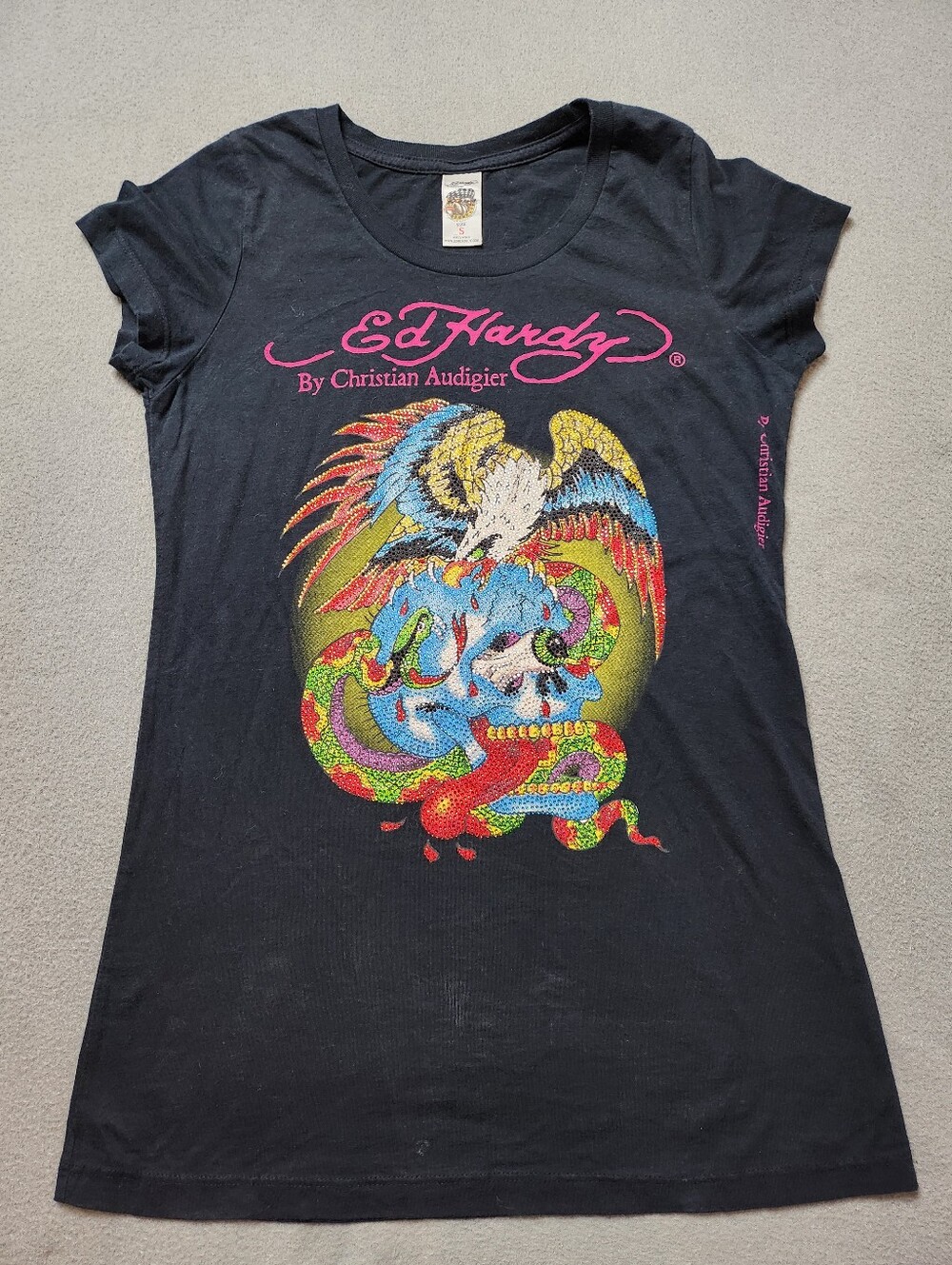 Ed Hardy T Shirt VTG Y2K Rhinestone Bedazzled Skull Graphic USA Made Sz Small